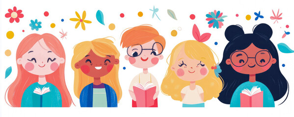 Happy Diverse Children Reading Books Illustration