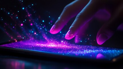 Hand touching a mobile phone with holographic elements flying around, in purple and blue colors, against a dark background, with a minimalistic design