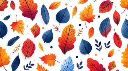 Obraz premium Vibrant autumn leaves pattern with red, orange and navy blue foliage on white background, perfect for seasonal designs, textile prints and fall-themed projects.