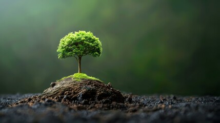 Young green tree growing on soil mound against blurred dark background, symbolizing growth, new beginnings and environmental conservation, perfect for sustainability concepts.