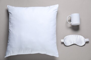 Different blank items for branding on grey background, flat lay. Mockup for design