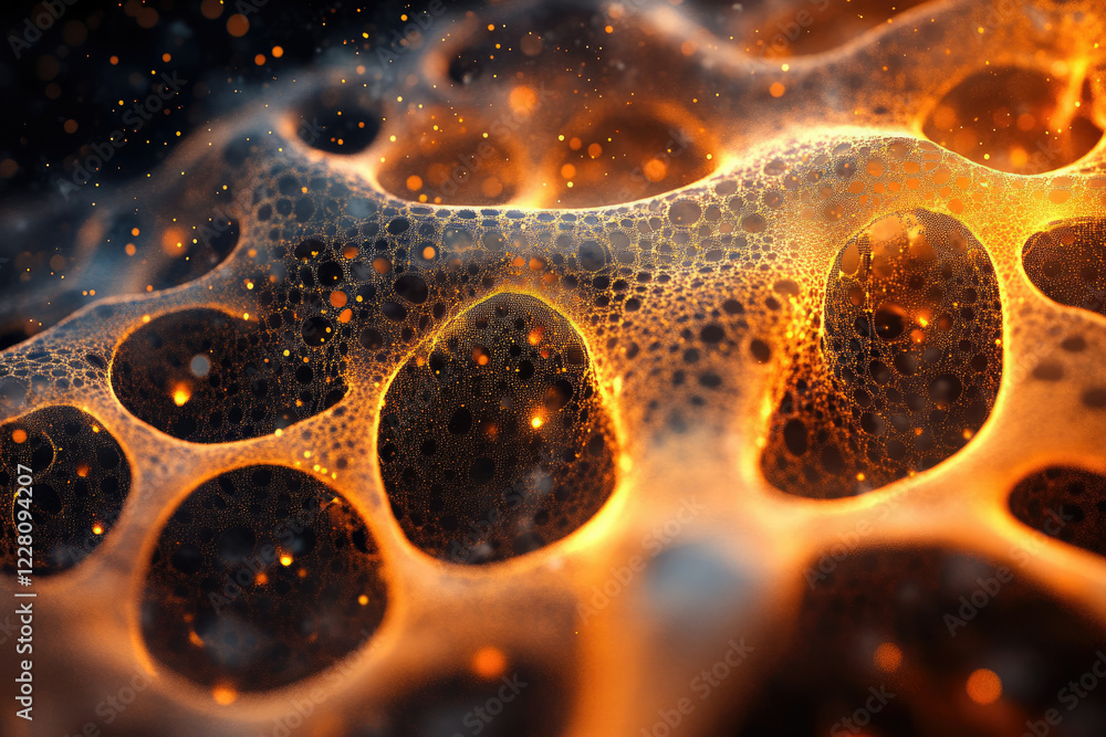 Fototapete Abstract orange glowing network structure with dark background and sparkling particles.