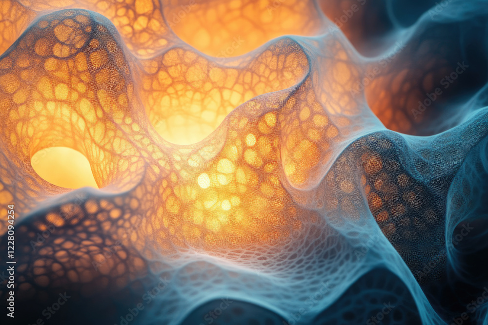 Poster abstract 3d rendering of a flowing, textured network with warm and cool color gradients.