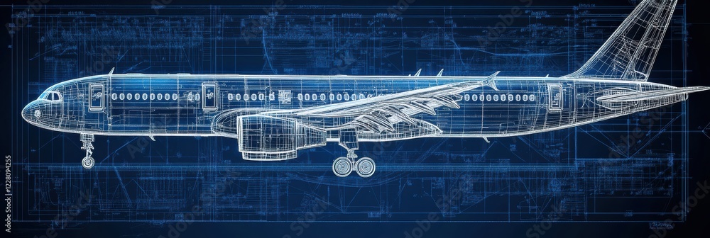 Poster technical blueprints showcasing detailed design and specifications of an airplane in a modern engine