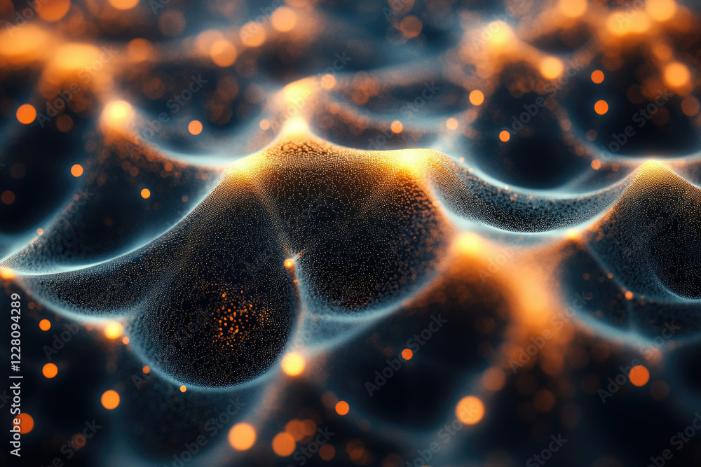 Poster Abstract 3D rendering of a dark, undulating surface with glowing orange particles.