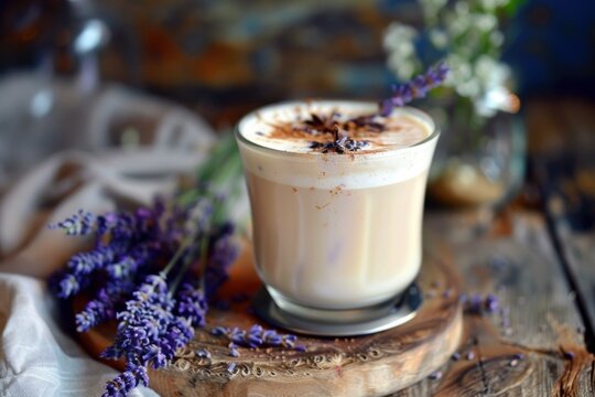 Lavender latte decorated with cinnamon, star anise, and lavender sprigs, served on a rustic wooden table, creating a cozy and aromatic beverage