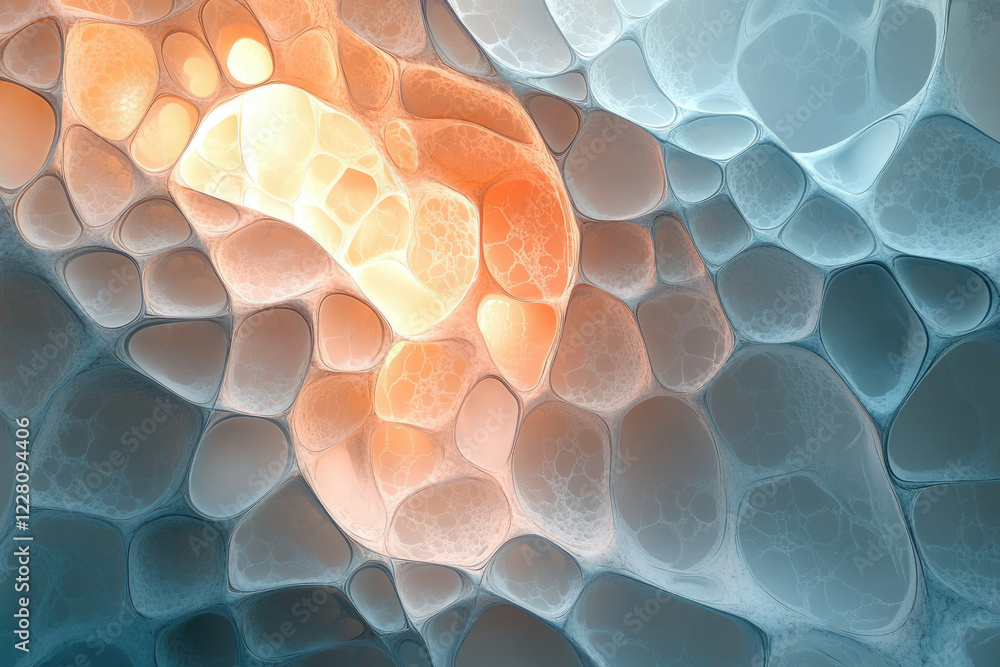 Poster abstract artwork depicting a mesmerizing blend of organic, cell-like structures in warm and cool ton