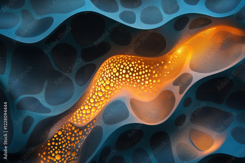 Aufkleber Abstract illuminated artwork featuring flowing, organic forms with textured surfaces and glowing holes, creating a mesmerizing visual effect.