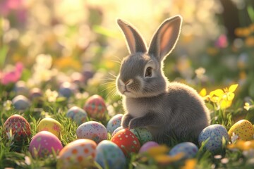 A charming Easter scene featuring a cute bunny surrounded by vibrant pastel-colored eggs in a lush grassy field.