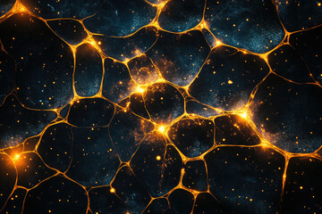 Glowing golden network on dark background resembles a neural network or cosmic web.