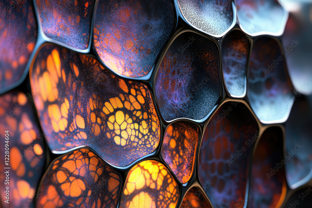 Poster abstract 3d render of interconnected, iridescent cells with orange and blue hues, resembling a micro
