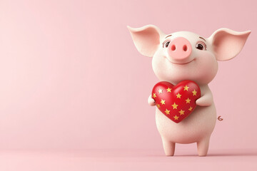 Smiling piglet hugging a large red heart with golden stars, surrounded by small hearts on a pink backdrop, perfect for love-themed projects