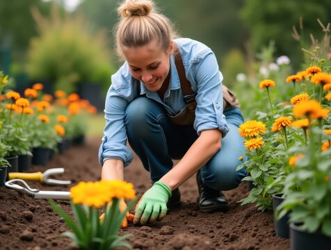 Gardener planting orange flowers in garden bed with gardening tools
