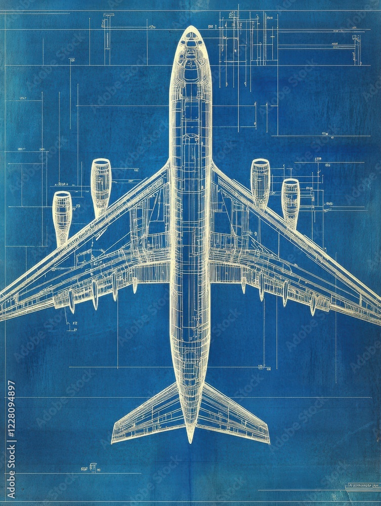 Poster detailed technical blueprint representation of a modern airplane showcasing design and engineering p