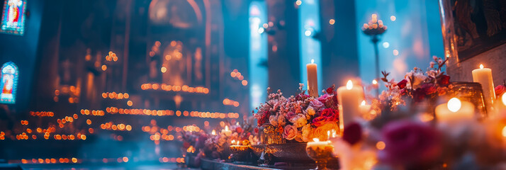 Obraz premium Candlelight and Flowers in a Church Setting: A Serene Atmosphere