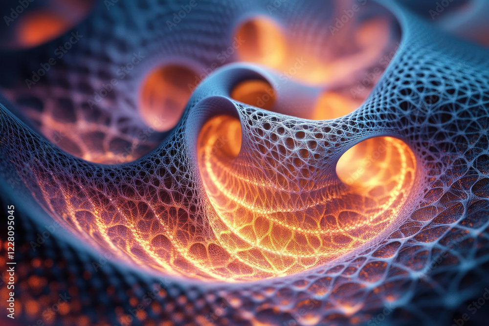 Poster abstract fractal art depicting a mesmerizing, glowing, intricate network of interconnected nodes and
