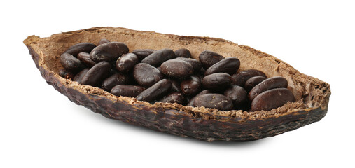 Cocoa pod with beans isolated on white