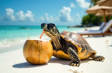 Banner for a travel company with a turtle in sunglasses relaxing and drinking coconut on the beach with ocean view on the background of a sun longue