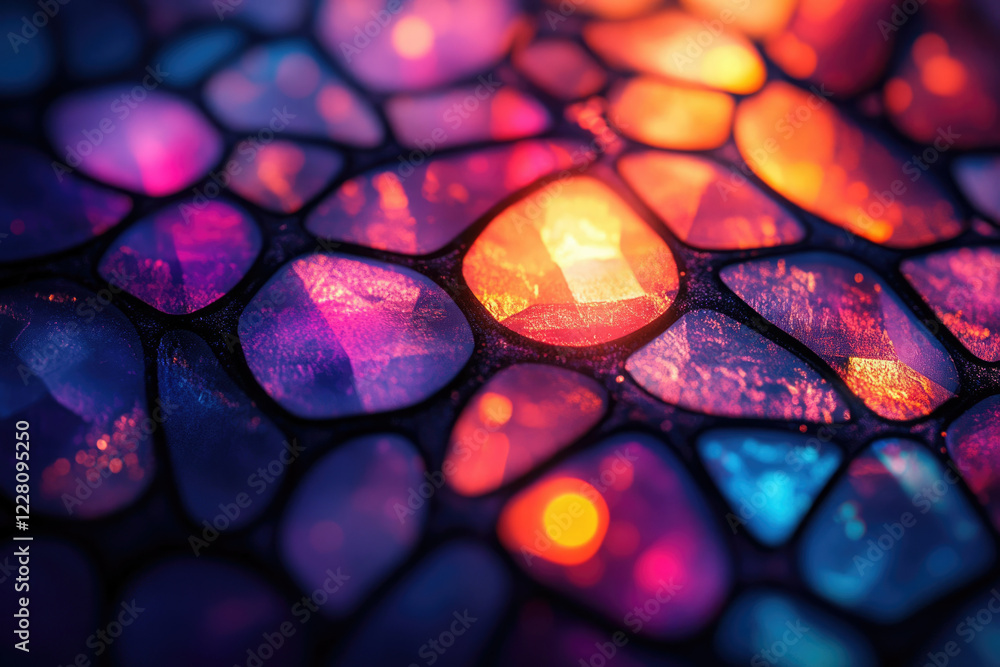 Aufkleber abstract image of vibrant, glowing, multicolored pebble-like shapes interconnected in a grid-like pa