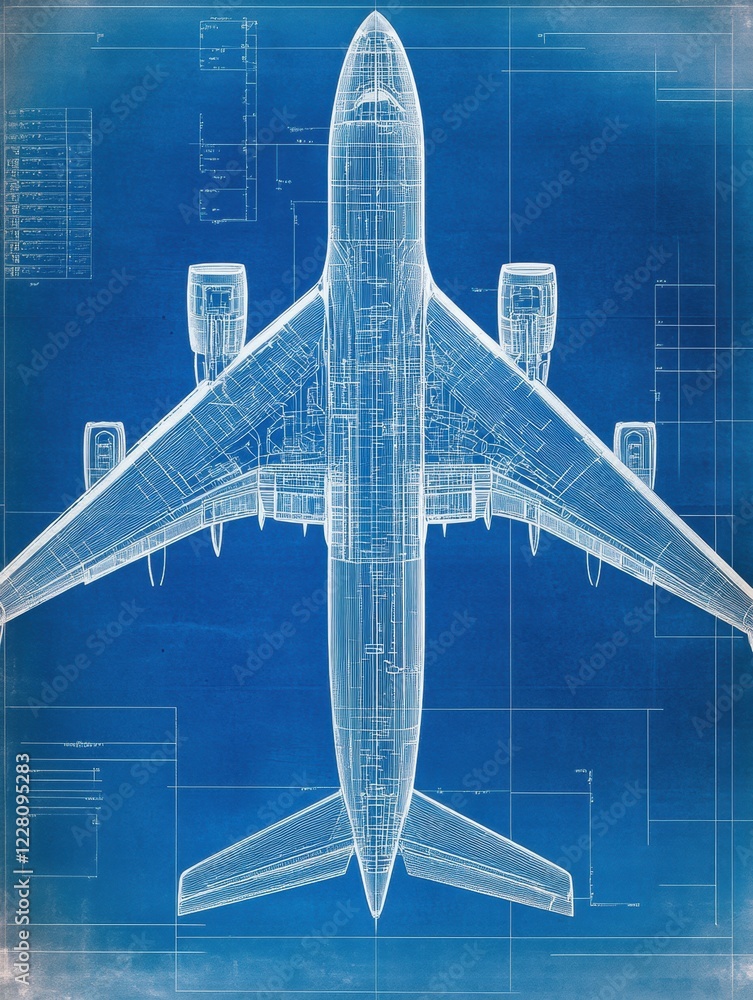 Poster technical blueprints showcasing detailed design and layout of an airplane from a top down perspectiv