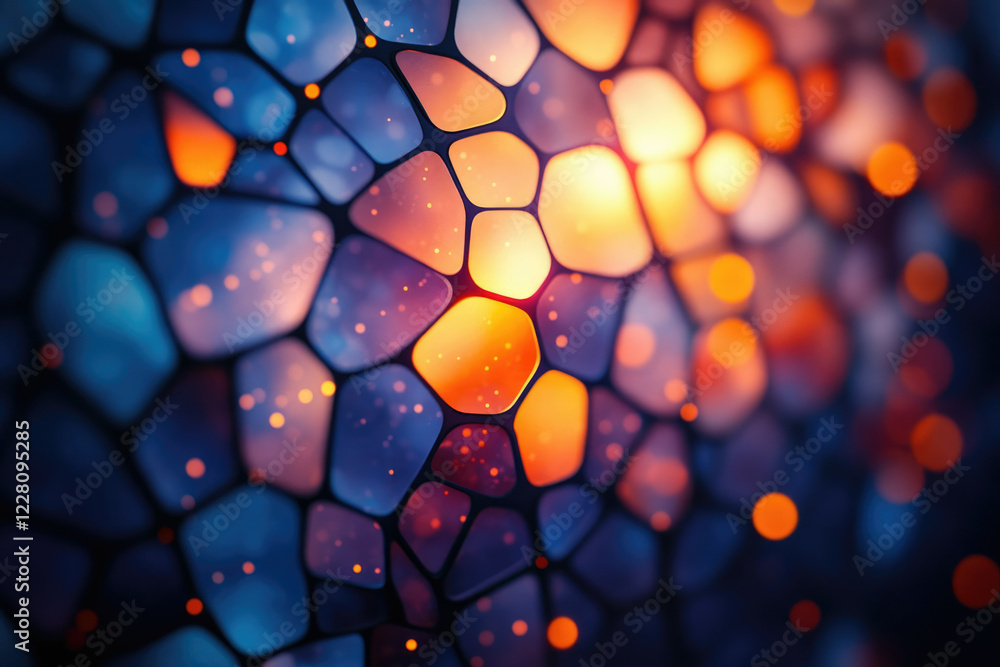 Poster Abstract network of glowing, colorful, polygonal shapes with bokeh effect, creating a vibrant and dynamic visual.
