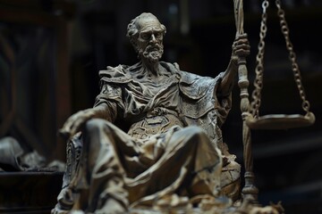 Naklejka premium Close up of an antique statue representing a judge holding the scales of justice, symbolizing law, fairness, and judgment