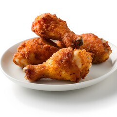 Crispy fried chicken drumsticks on plate, studio shot, white background, food photography, menu use