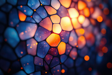 Abstract network of glowing, colorful, polygonal shapes with bokeh effect, creating a vibrant and dynamic visual.
