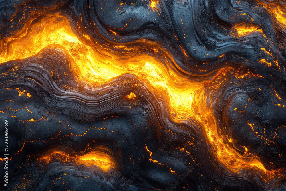 Poster molten lava flows through dark, textured rock, creating a fiery, abstract pattern.
