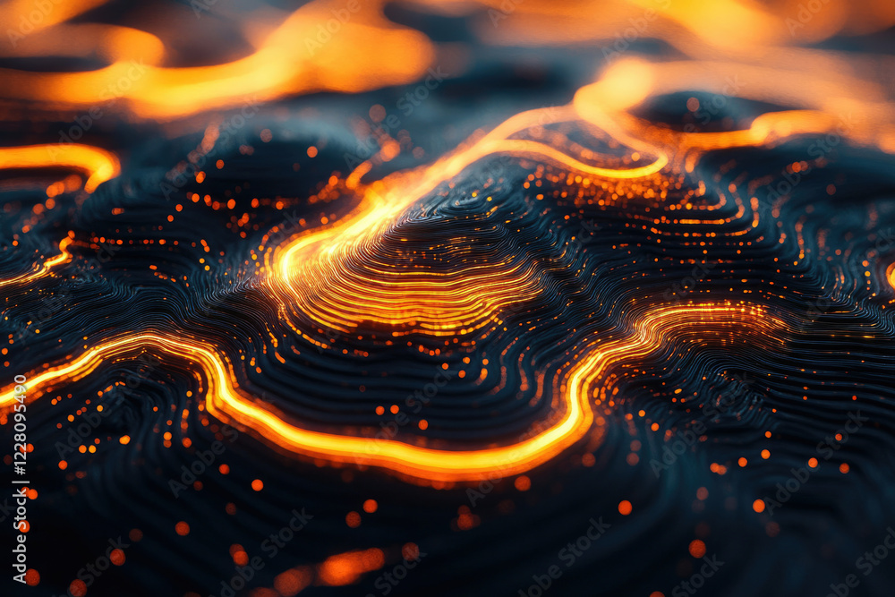 Poster Abstract 3D rendering of glowing orange lines forming undulating waves on a dark background.