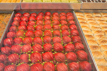 Close up of red turkish sweets. Istanbul