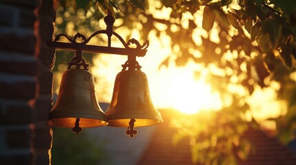 Gold bells in front of a sunset sky