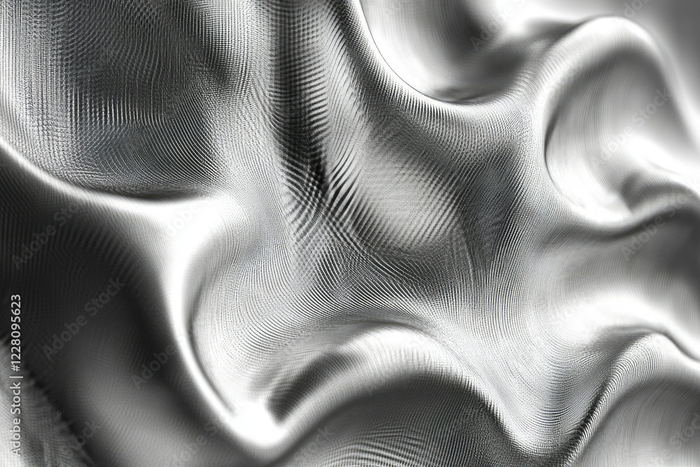 Poster abstract grayscale image depicting a flowing, undulating metallic or silken fabric with a textured s
