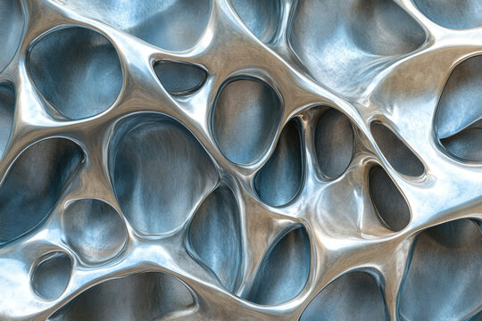 Abstract metallic sculpture with flowing, interconnected, organic shapes and cavities. - Powered by Adobe