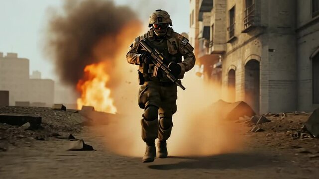 A solider running away from a large explosion in a war zone
