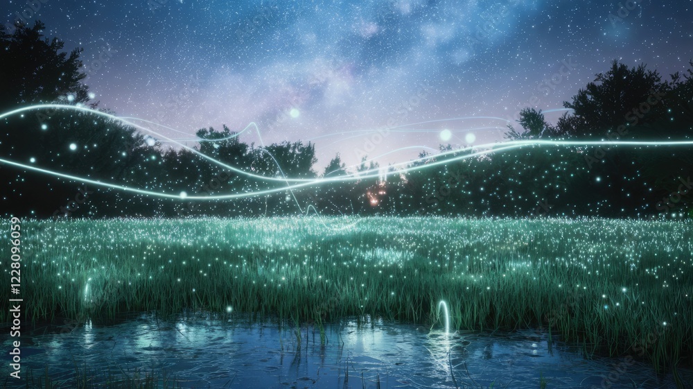 Poster enchanted night scene with glowing fireflies in a field near a tranquil lake under a starry sky.