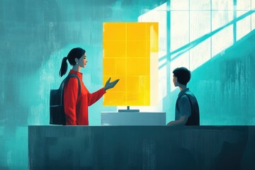 A woman presents a bright yellow artwork to a young man, showcasing creativity and artistic expression.