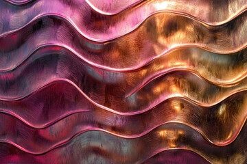 Obraz premium Abstract background with wavy metallic texture in pink and gold tones.