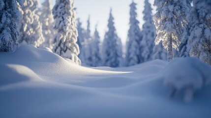 Obraz premium A serene winter scene, snow-covered evergreens and a path through the forest.