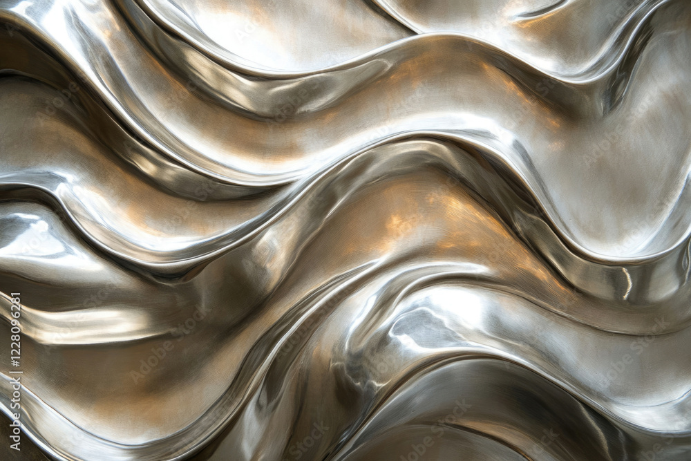 Poster abstract metallic sculpture with flowing, wave-like forms reflecting light.