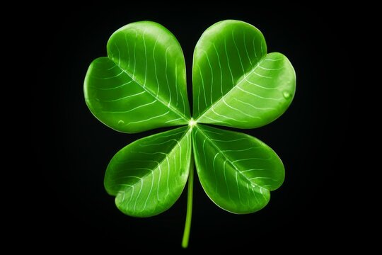 Vibrant four leaf clover represents luck, fortune, and irish tradition against a dark backdrop