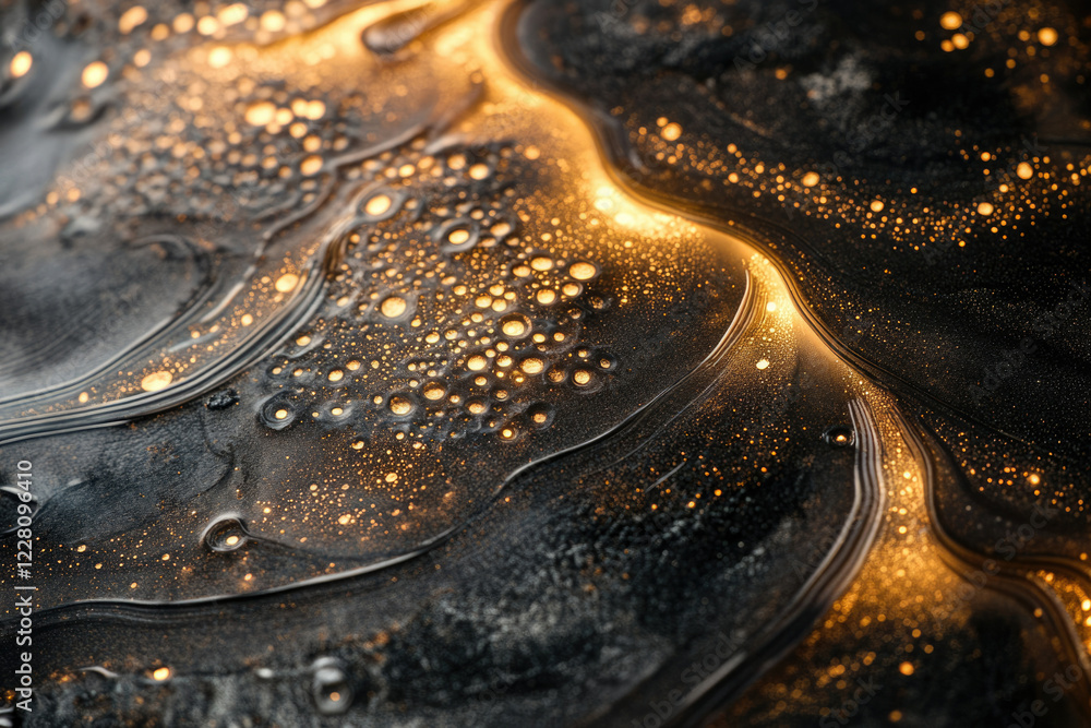 Poster Abstract close-up of dark liquid with golden bubbles and swirls, creating a luxurious and elegant texture.