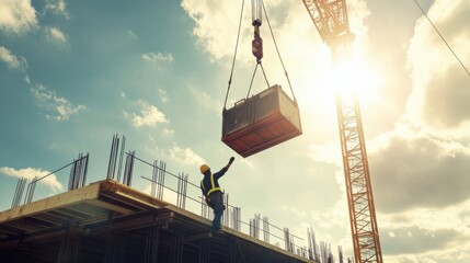 A crane operator maneuvering heavy machinery amidst a backdrop of steel girders and construction materials, Crane operation scene, Intense and dynamic style