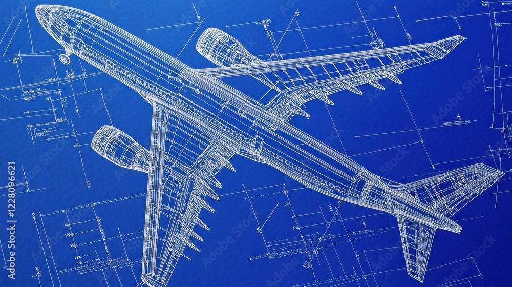 Poster detailed technical blueprints showcasing the design and specifications of a modern airplane in a str