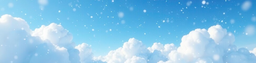 Softly falling snowflakes on a blue sky with puffy white clouds, weather, winter, nature