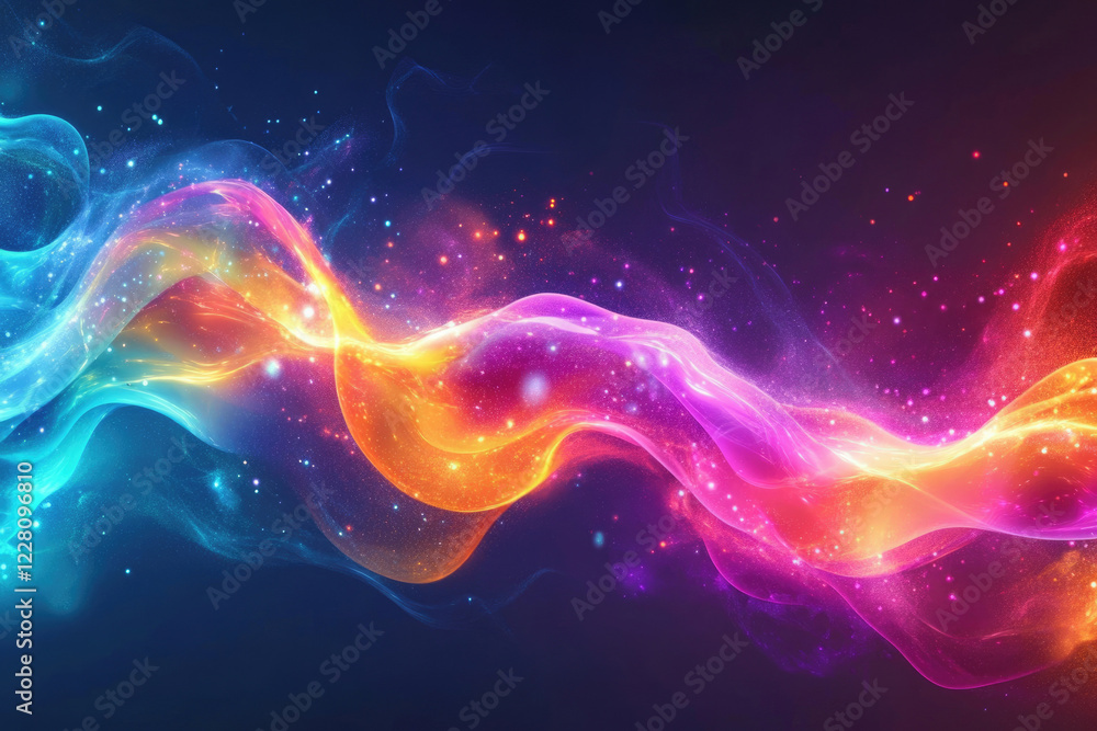 Poster abstract vibrant wave of light and energy with colorful particles and glowing effects.