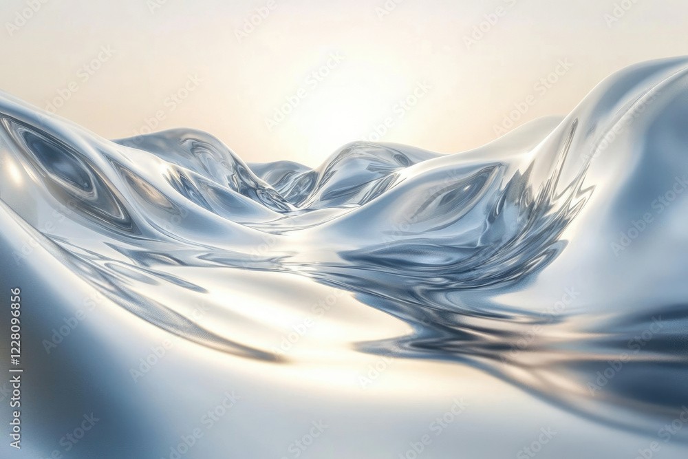 Poster abstract rendering of a chrome liquid landscape under soft light, creating a futuristic and serene s