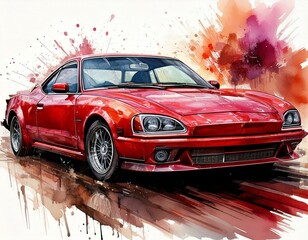 Red sports car in classic style. Fast auto watercolor illustration, artistic colorful background, speed and transportation concept. Transport, vehicle, automobile art.