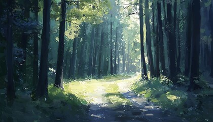 Fototapeta premium Sunlight streams through a serene forest path, illuminating a tranquil natural landscape.