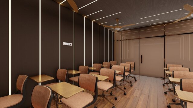 Modern Minimalist Classroom with Wood paneling and sleek Lighting